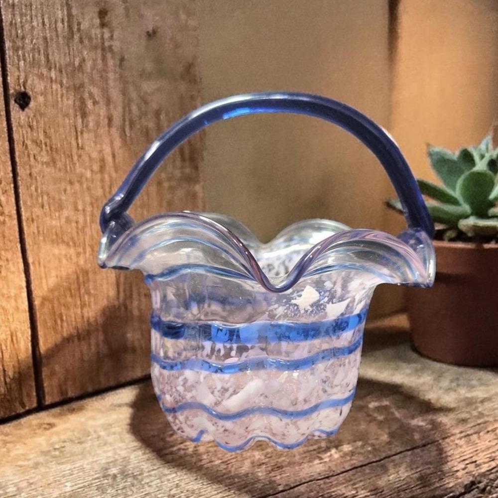 Hand Blown Art Glass Basket, Vintage Cobalt‎ Blue Spiral & White Splatter Design